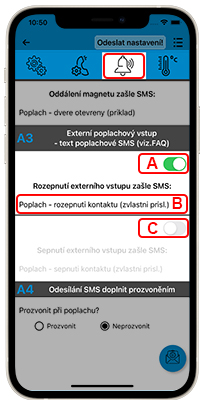 Ukázka nastavení textu SMS alarmu, při sepnutí a rozepnutí externího kontaktu v Oxee