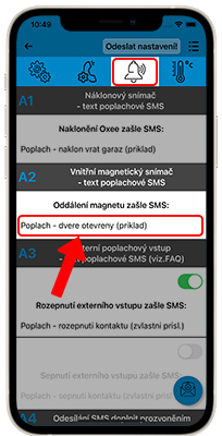 Ukázka nastavení textu SMS alarmu, při nedovoleném otevření dveří Oxee