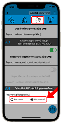 Ukázka nastavení povolení uskutečnění hovoru při poplachové události.