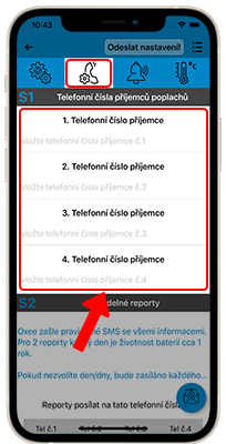 Ukázka vložení příjemců telefonních SMS poplachů z Oxee při poplachové události