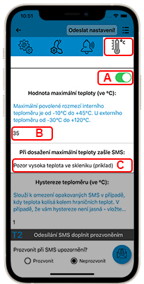 Ukázka nastavení textu SMS upozornění, které se zašle v případě překročení nastavené meze teploty v Oxee