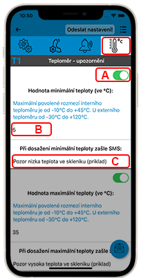 Ukázka nastavení textu SMS upozornění, které se zašle v případě poklesu na nastavenou mez teploty v Oxee