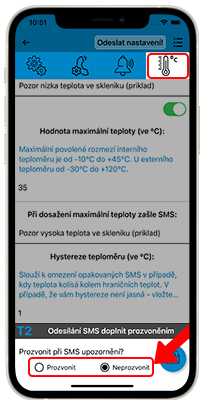 Ukázka nastavení povolení uskutečnění hovoru při poplachové události z teploměru