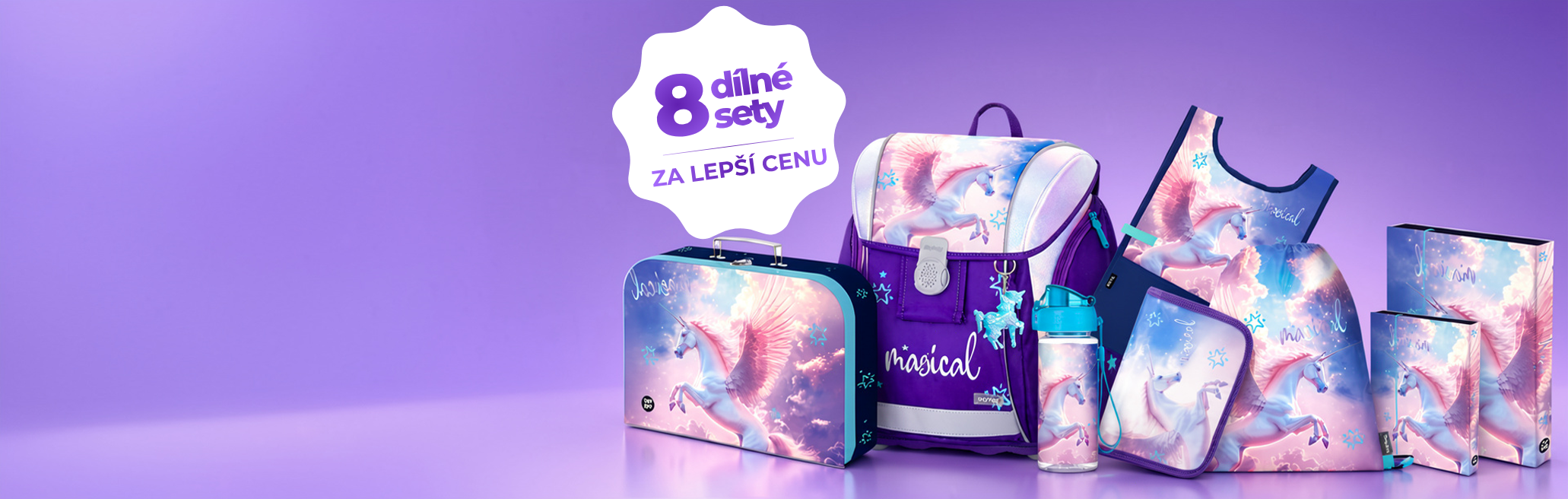 Osmi-dílný školní set pro prvňáčky s pegasem. 8 dílné sety jsou za výhodnější cenu.