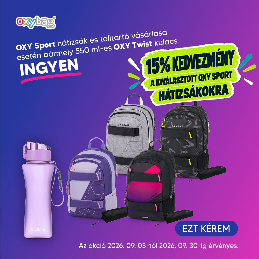 A kiválasztott OXY Sport hátizsák megvásárlásával ingyen kap egy etuét és egy tetszőleges 550 ml-es Oxy Twist palackot