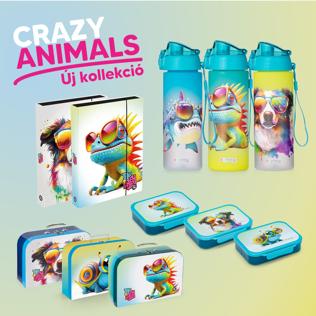 A Crazy Animals új kollekciója vidám motívumokkal díszített palackokat, uzsonnás dobozokat, táskákat és egyéb termékeket tartalmaz