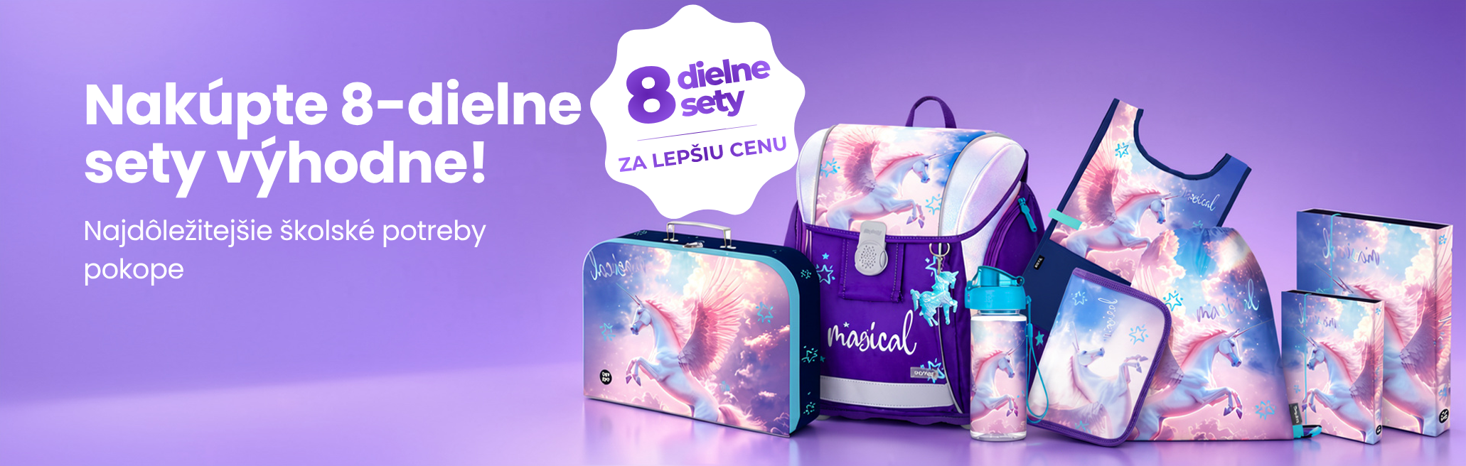 Osemdielna školská sada pre prvákov s motívom Pegasa. 8-dielne sady sú za výhodnejšiu cenu.