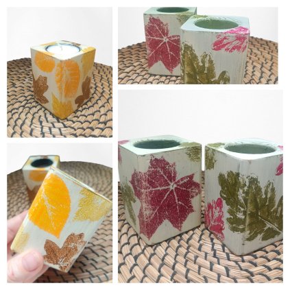 dřevěné svícny kvádry s potiskem podzimních listů - oranžový nebo bordó