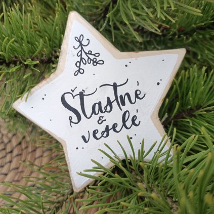 Dřevěná hvězda Šťastné a veselé - černý text na bílém podkladu