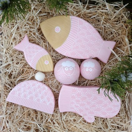 Sada dřevěných ozdob design pletený svetr - v krabičce