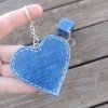 malý přívěšek srdíčko s potiskem modré džínoviny - v ruce