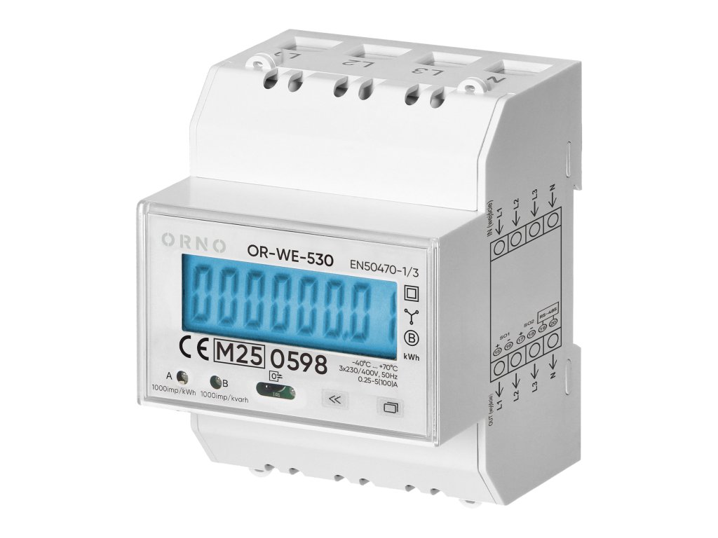 3fázový elektroměr, 100A, RS-485 port, MID, 4 moduly, multitarif, montážní lišta: DIN TH-35mm, PV-Ready