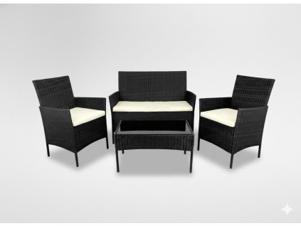 SADA RATANOVÉHO NÁBYTKU (SOFÁ, 2 KRESLA, STŮL) ČERNÁ + KRÉMOVÁ.