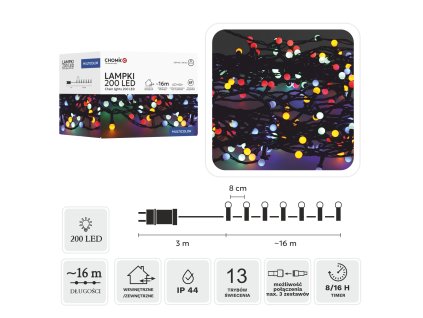 LED ŘETĚZ 200L MULTIKOLOR, DĹ. 3 + 16 M *0160