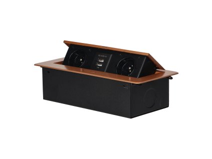 Výklopná zásuvka v pouzdře s plochým okrajem a nabíječkou USB, 2x2P+E, 2xUSB, zlaté