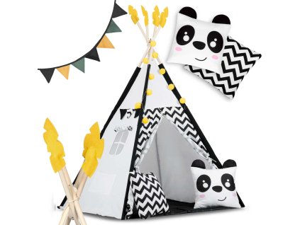 Teepee stan pro děti s girlandou a světly Nukido bílá černá s pandou