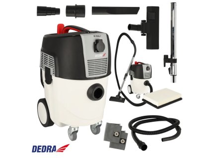 Vysavač na mokré a suché vysávání, pro práci s bruskou na sádrokarton, DEDRA DED6607, 1600W, automatické čištění filtru, vestavěná zásuvka max 2000W