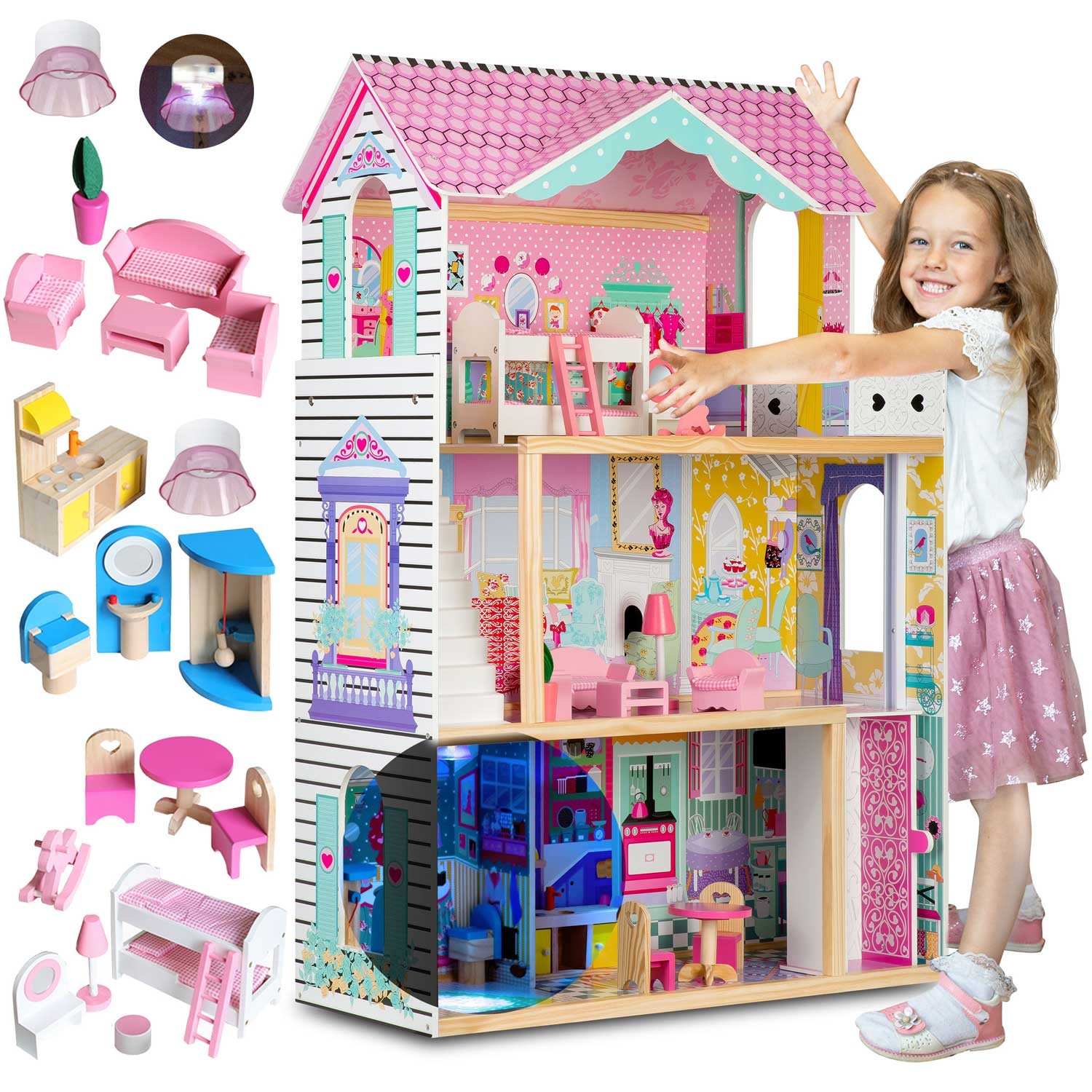 Ricokids Dřevěný domeček pro panenky s výtahem a LED lampou