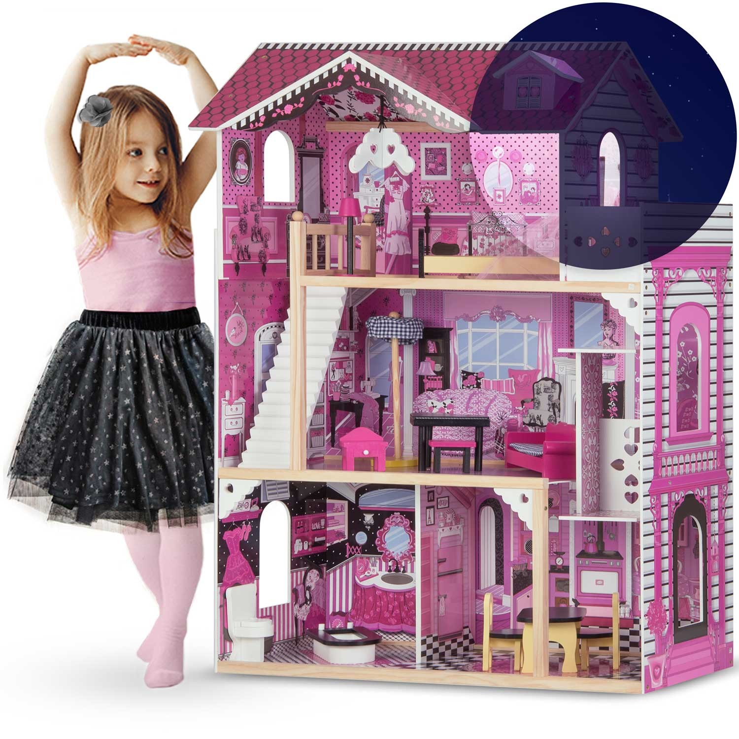 Ricokids Velký dřevěný domeček pro panenky 3patrový s výtahem