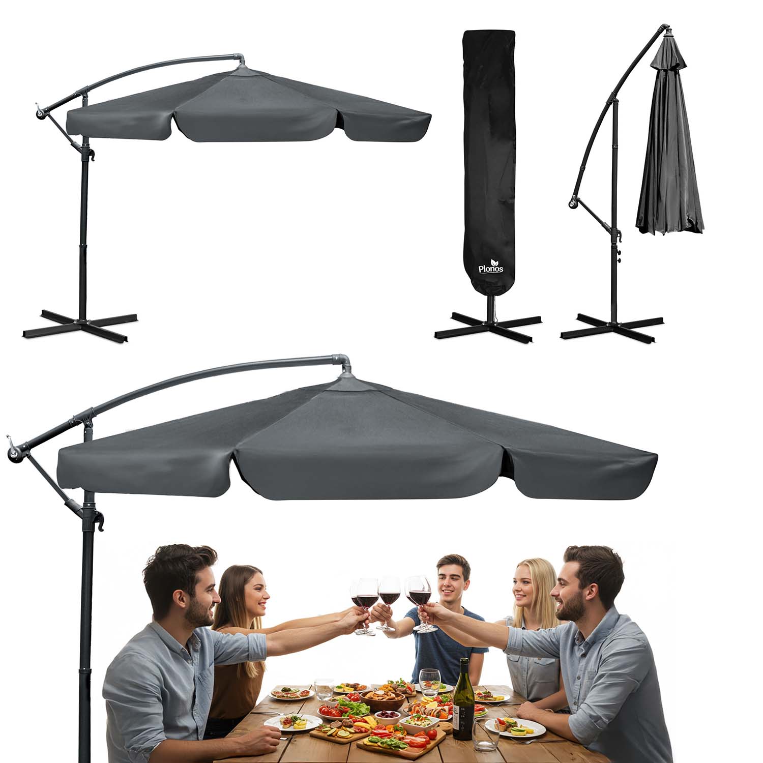 Skládací zahradní slunečník 6-segmentový 350 cm s obalem Plonos PL-880