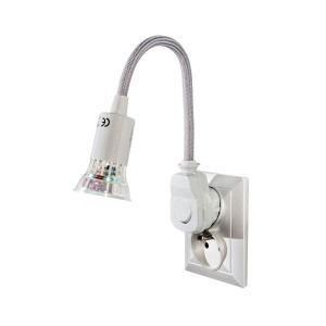 LED šedá zásuvná lampa s úspornou žárovkou