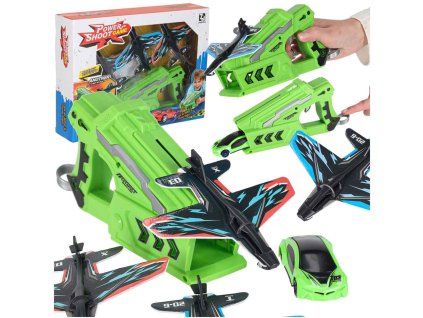 Pistolet wyrzutnia samochodow i samolotow rzutka szybowiec zestaw 3 samoloty auto 177179