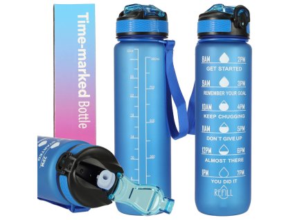 Butelka na wode bidon ze slomka uchwytem miarka motywacyjna na silownie BPA free Tritan 1l niebieska 165944