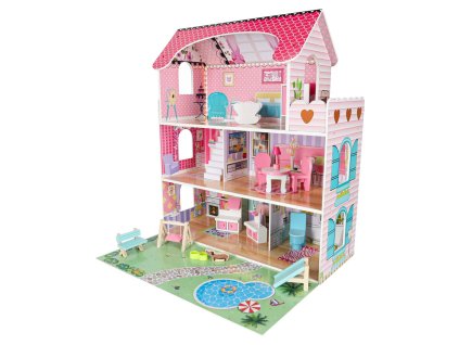 Domek dla lalek drewniany Lulilo Gardeno z ogrodkiem mebelki 70cm rozowy LED 176184
