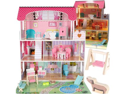 Domek dla lalek drewniany Lulilo Gardeno z ogrodkiem mebelki 70cm rozowy LED 176183
