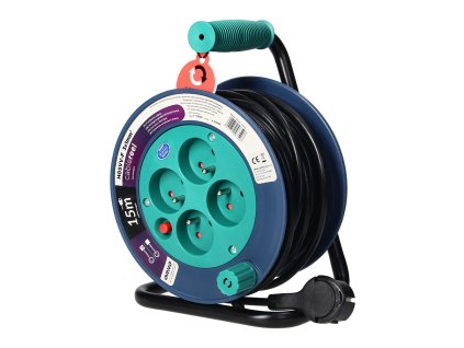 Produžni kabel na bubnju 15m, 4 utičnice, tirkizna
