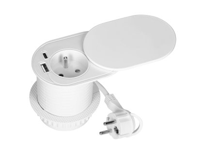Namještajna utičnica s USB punjačem i kliznim poklopcem, 1,9 m kabel, 1x2P+E (Francuska), 2xUSB (tip A+C; PD20W), bijela