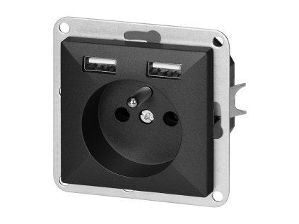 Utičnica s punjačem Pearl, crna, 16A, 250V, PT-16P/USB, ugradna, 2P+E