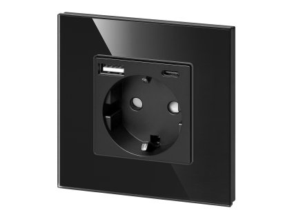 Zidna utičnica 2P+Z s USB-A + USB-C punjačem, Schuko, 5VDC, 3A, crna