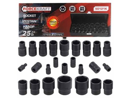 1/2" és 1/4" dugós fejkészlet 4-32mm 6-os szögletű 25 darabos táskában