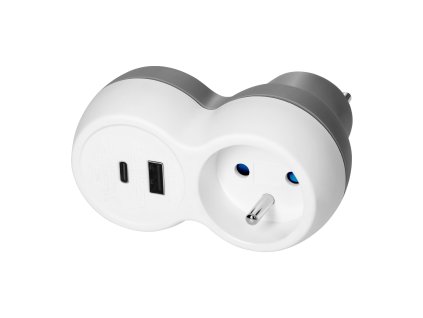 Hálózati aljzat elosztó 2P+E USB-A+C töltővel, fehér-szürke