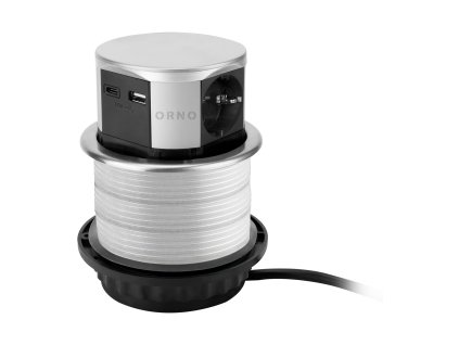 Függőleges asztali aljzat USB töltővel ?10cm, 1,5m kábel, 3x2P+E (Schuko), 2xUSB (típus A+C; max. 3A), ezüst