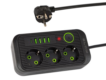 Hosszabbító 3m, 3 aljzat, 4xUSB, 1xUSB-C, fekete