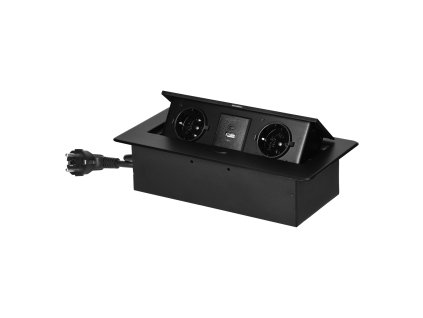 Recessed furniture socket with flat milled edge, USB charger and 1.5m cable, 2x2P+E (Schuko), 2x USB (type A+C; 3.6A), black