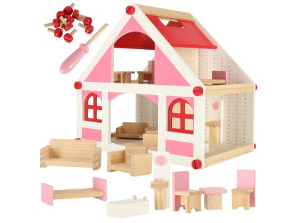 Domek dla lalek drewniany bialo rozowy mebelki 36cm 141292