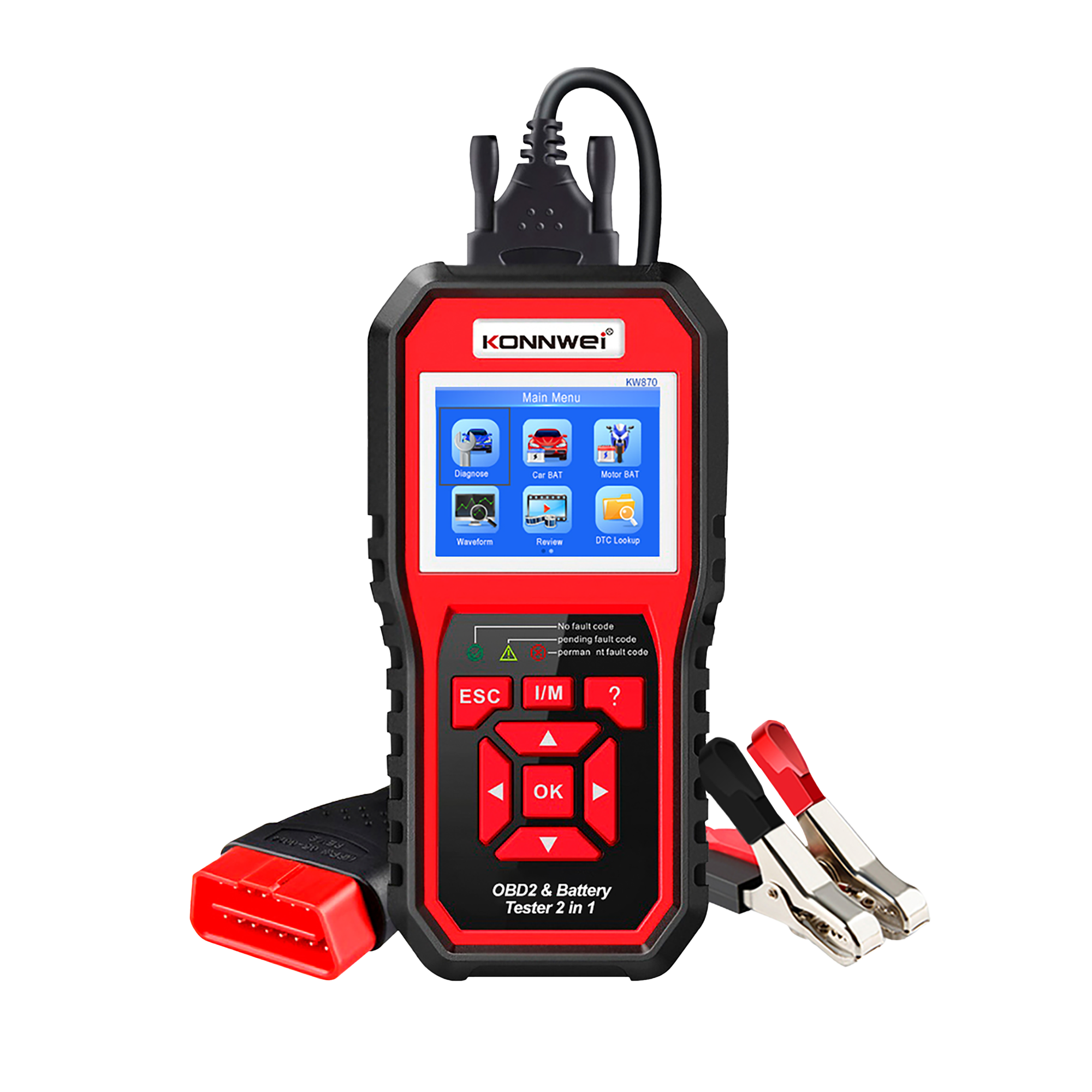 Konnwei KW870 OBD2 autódiagnosztika + autó akkumulátor tesztelő
