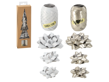 SET DE CADOU DE CRĂCIUN - ARGINTIU / ALB (2 RIBBONI + 7 FUNDITE) *7595