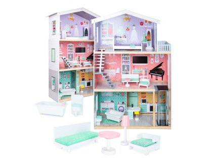 Casă de păpuși din lemn + mobilă pastel 117cm