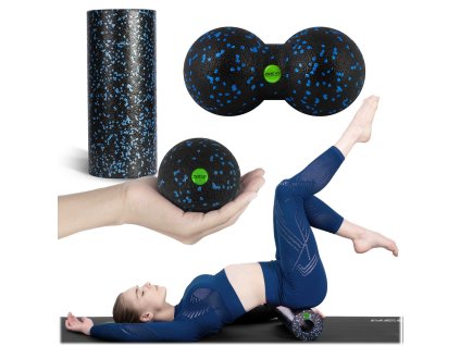 Set rola de exerciții + minge + minge de masaj dublă NS-998 negru-albastră