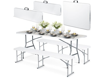 Set de grădină pliabil bancă + 2 bănci 180 cm Plonos albă
