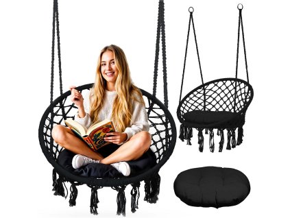 Scaun de grădină suspendat tip leagăn BOHO negru