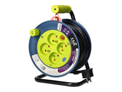 Tambur de prelungire 15m, 4 prize, verde