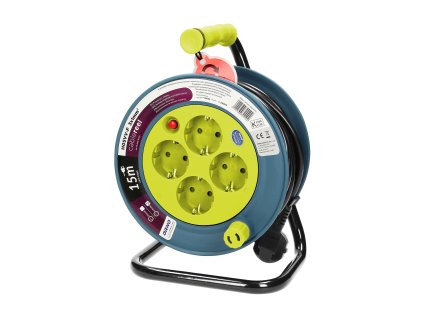 Cablu prelungitor pe tambur 15m, 4 prize, lime
