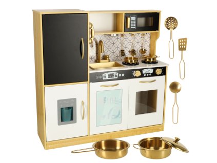 Bucătărie din lemn pentru copii cu frigider aurie