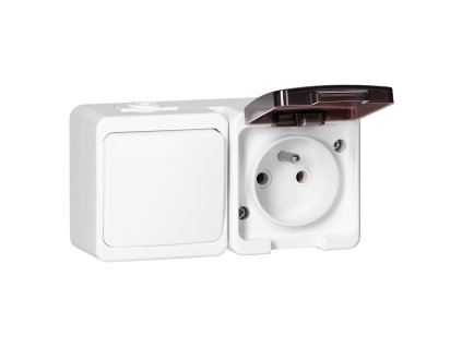 Priză aparentă simplă 2P+E cu capac fumuriu + comutator unipolar, IP44, SMART, albă