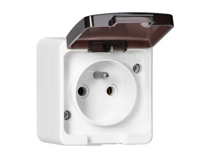 Priză aplicată simplă 2P+E, rezistentă la stropire cu capac fumuriu, IP44, SMART, albă